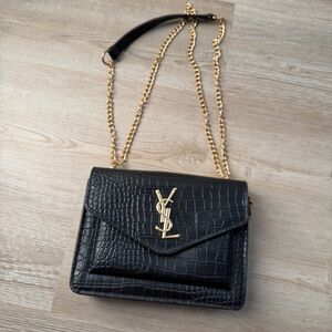 Yves Saint Laurent Black Croc-Embossed Crossbody with Gold Chain